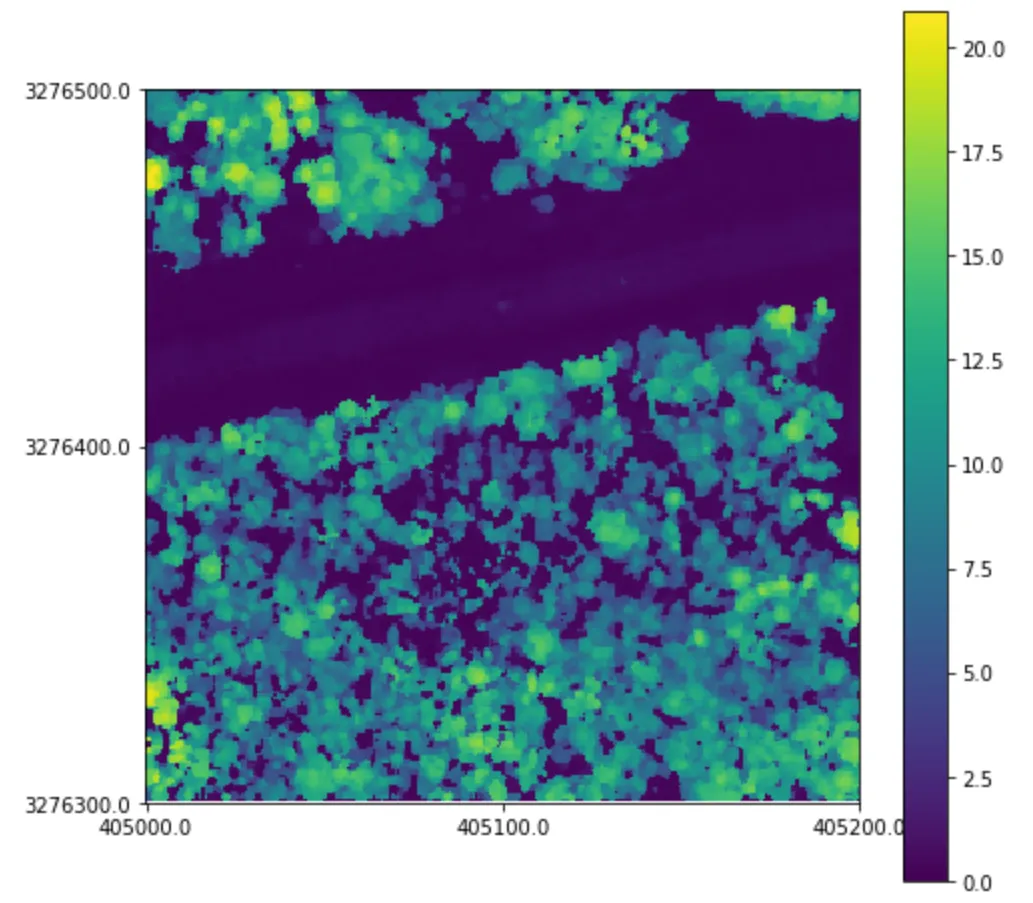 A canopy height model with interpolation and pit filtering applied.